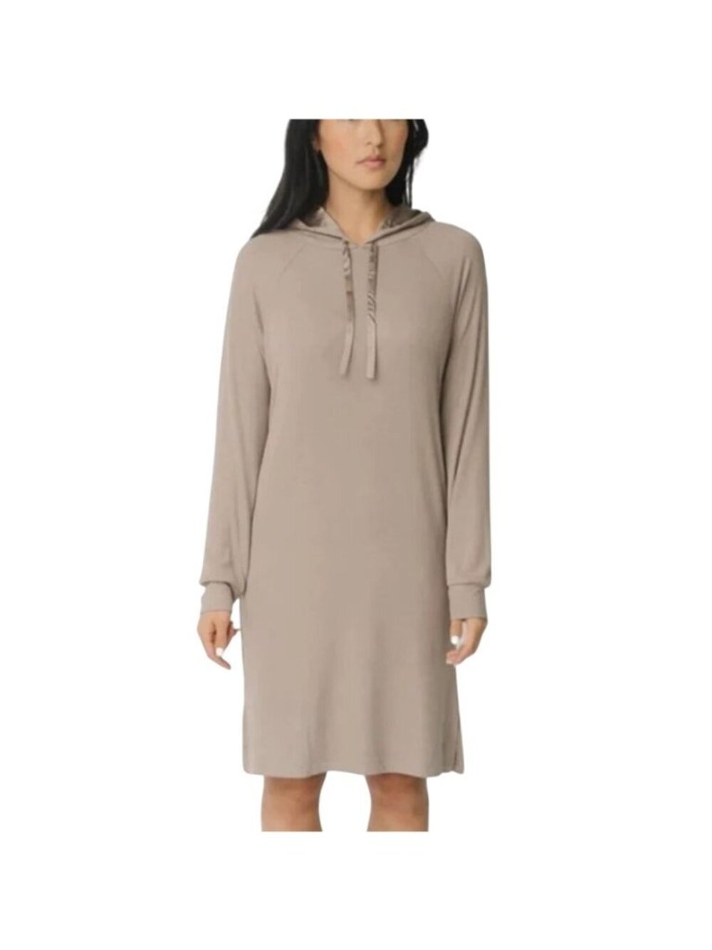 Cozy Earth Womens Size L Bamboo Dress Satin-Hoodie Ribbed Sleep Lounge Tan